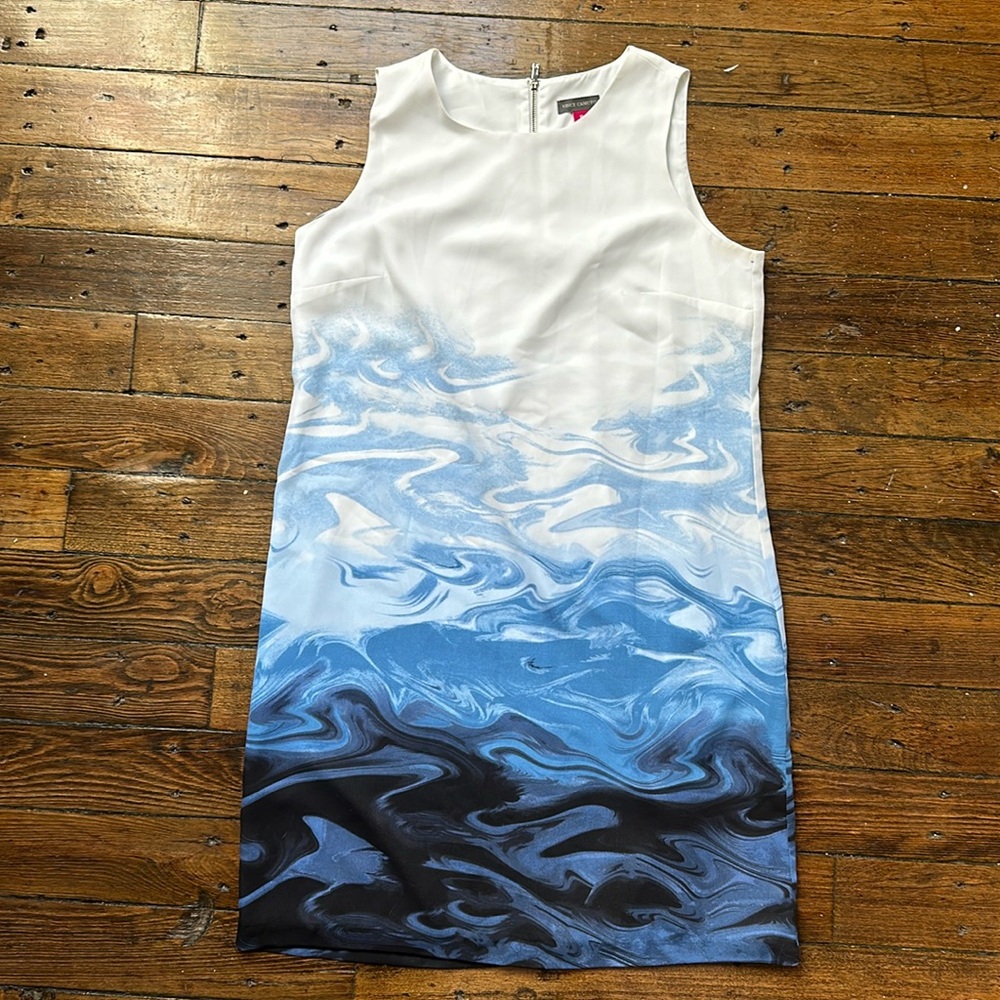 Vince Camuto Womens Shift Dress Summer Lined Sleeveless White Wavy Blue Size 10
